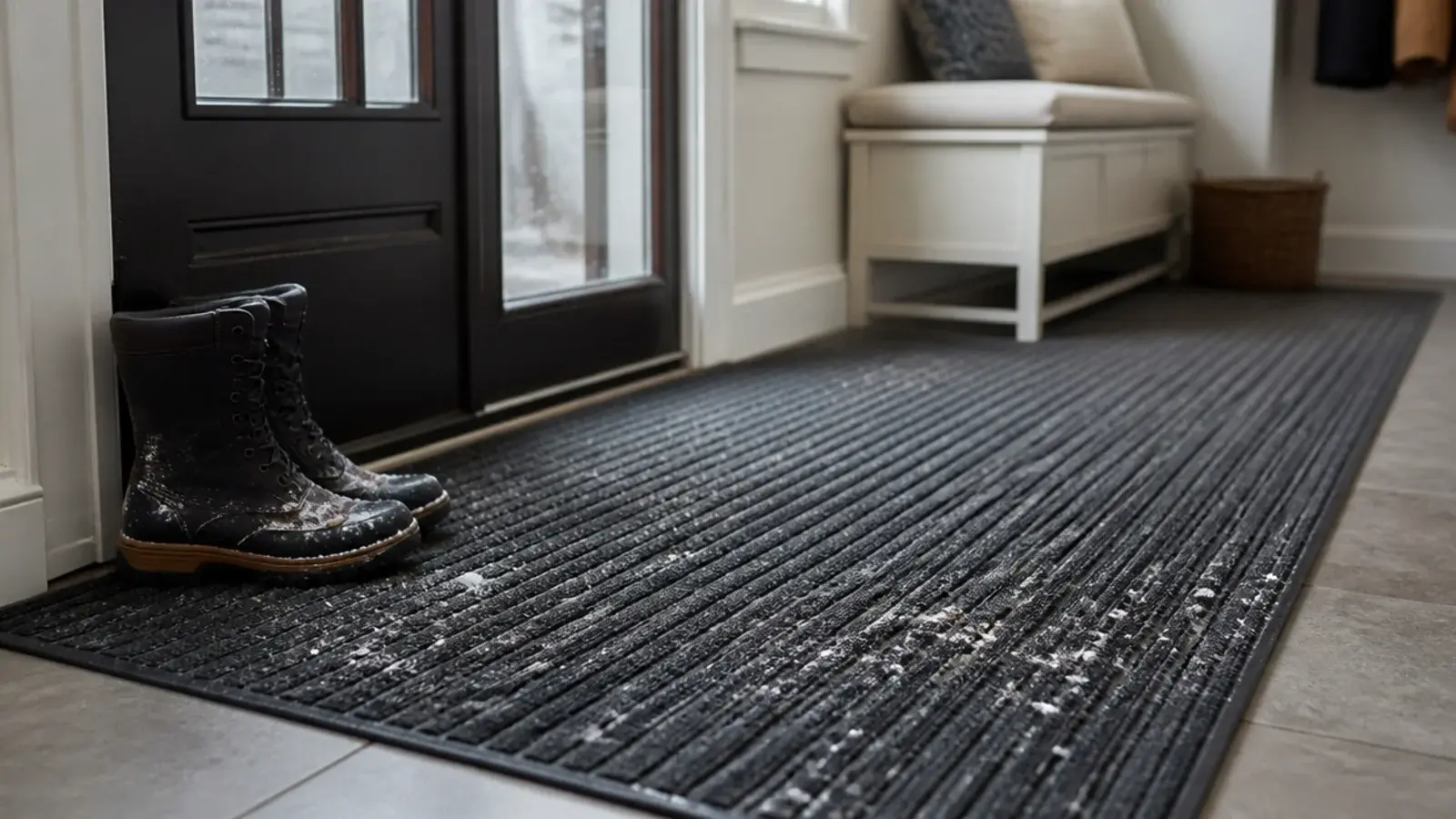 ribbed rubber entry mat inside a mudroom door catching grit and snow