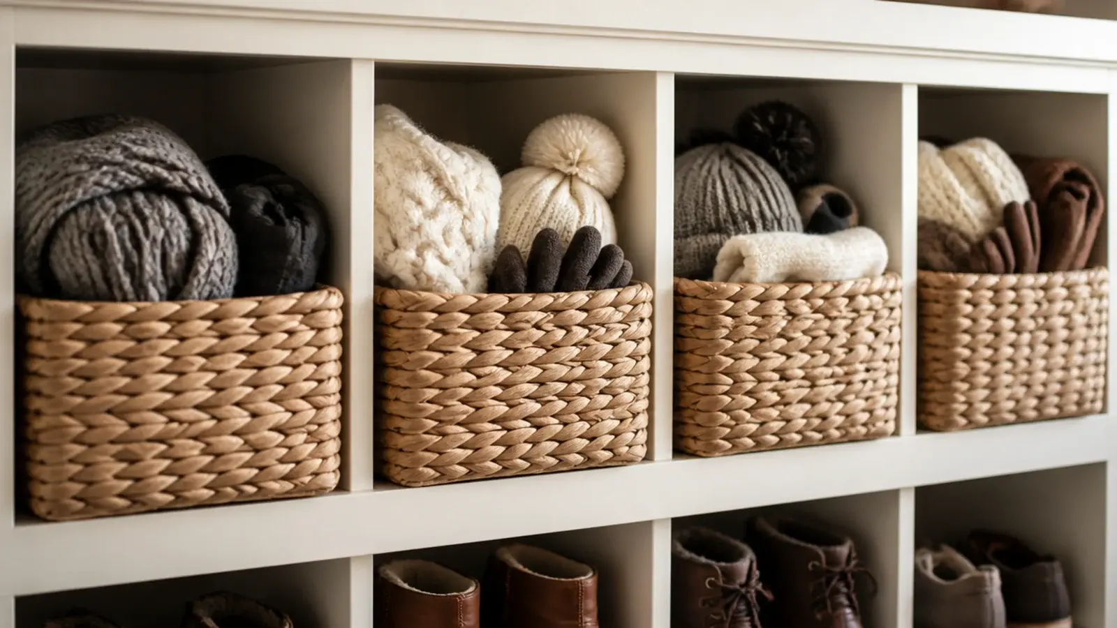 woven baskets in upper mudroom cubbies holding hats scarves and gloves