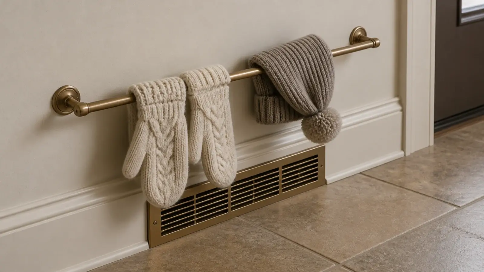slim brass drying rail mounted above a mudroom heat register with mittens