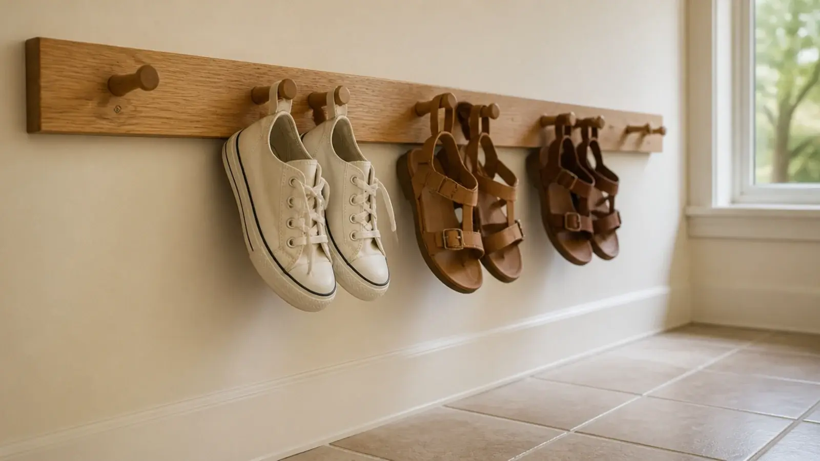 wooden peg rail in a mudroom holding sandals and canvas shoes by straps