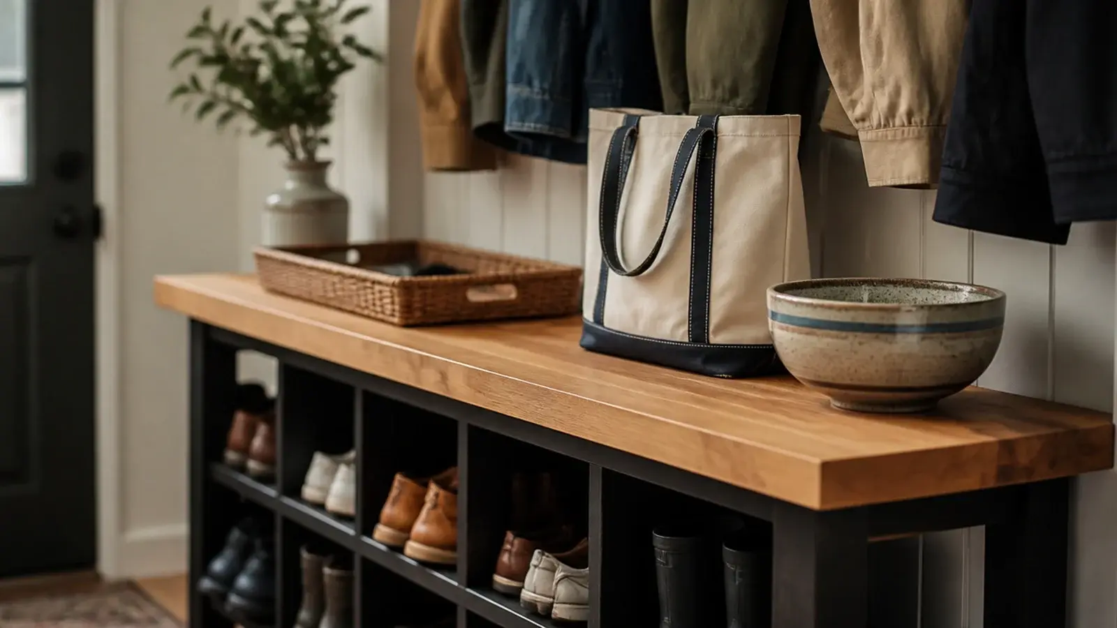 narrow mudroom counter above cubbies holding a tray keys and a bag