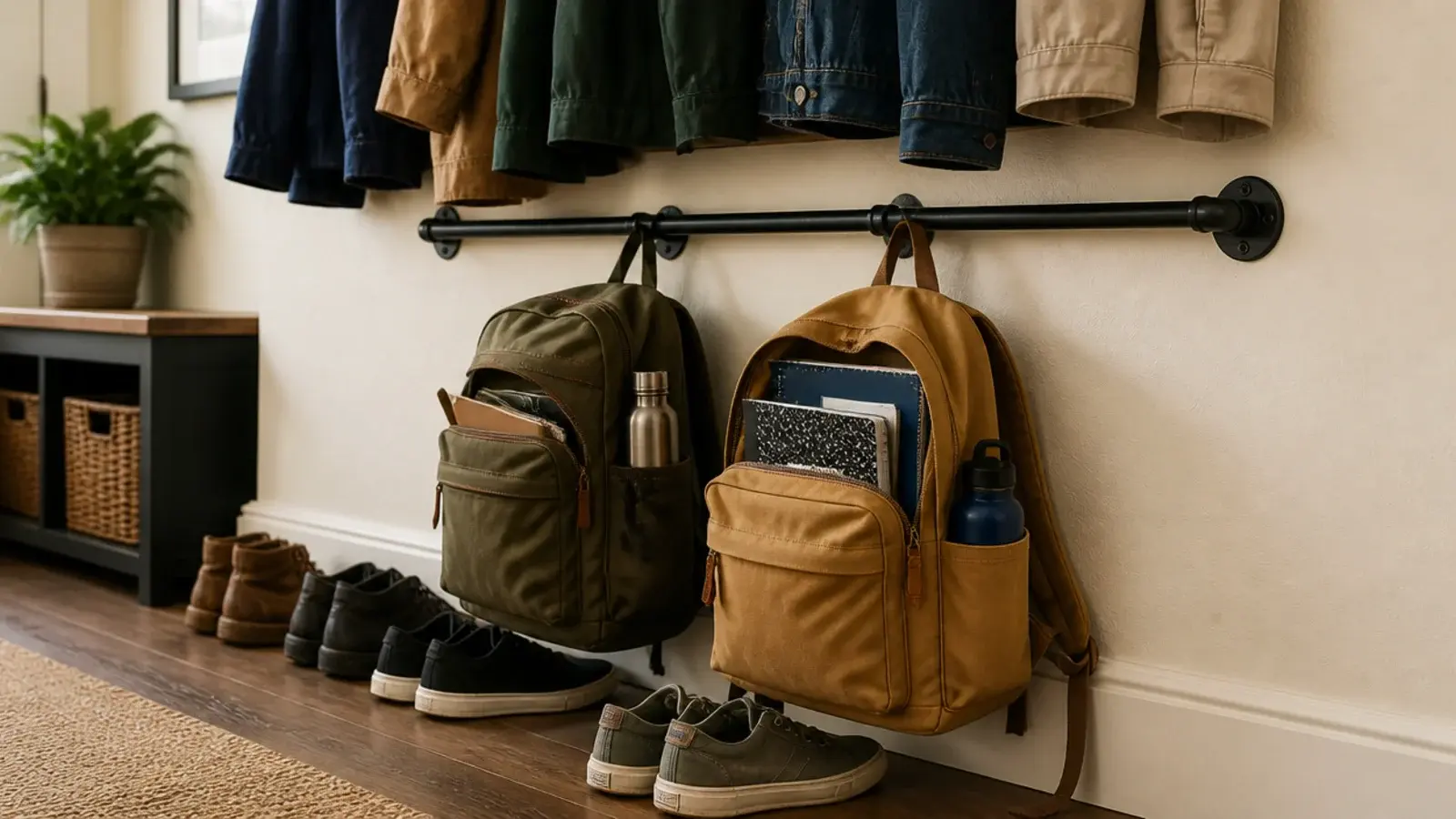sturdy lower hook rail in a mudroom holding two loaded school backpacks