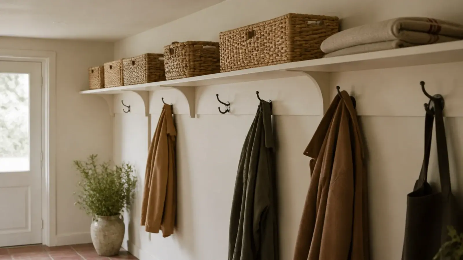 high mudroom shelf holding woven bins of seasonal shoes above the hooks