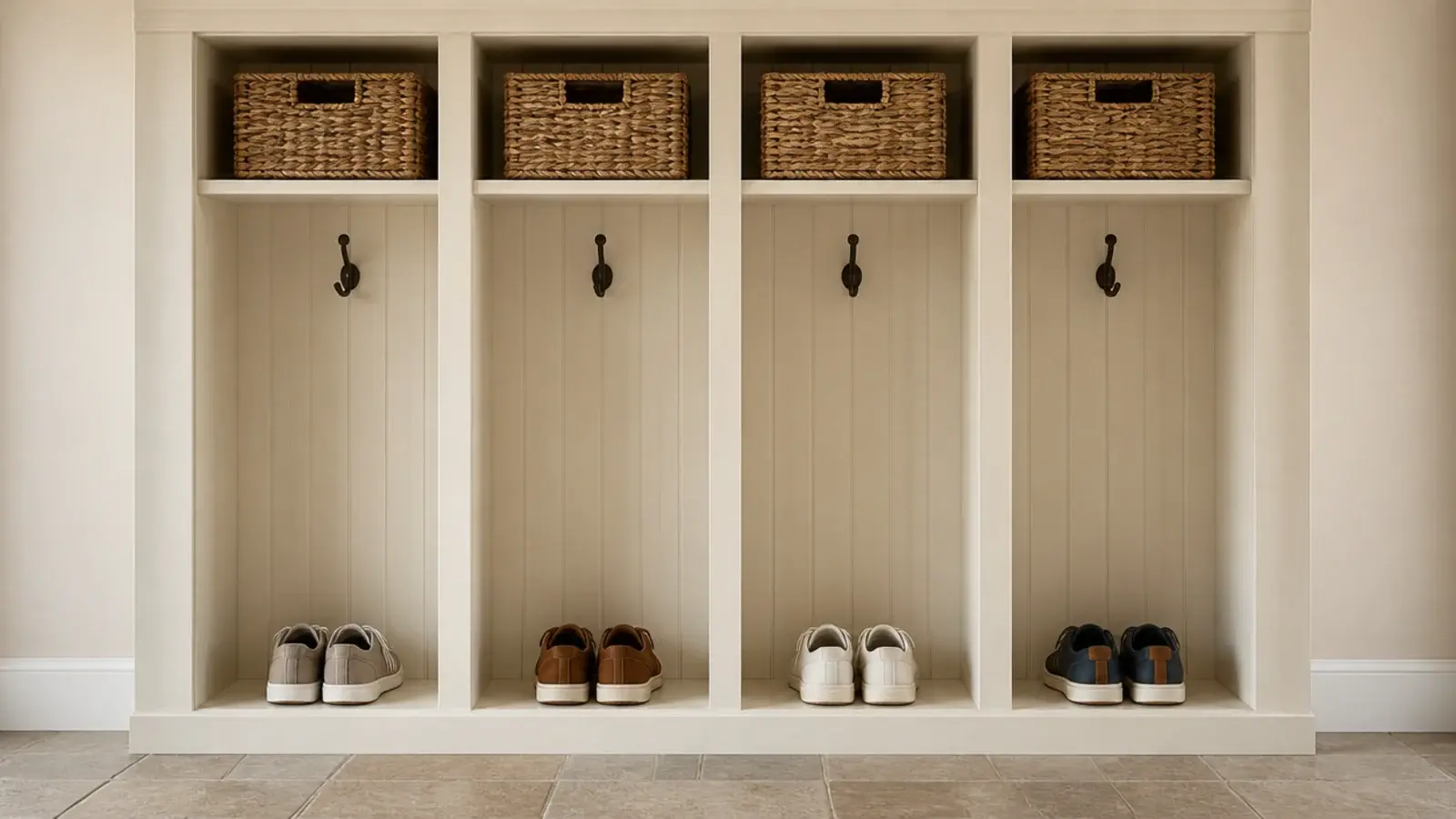 mudroom run divided into equal bays fourteen inches wide per person