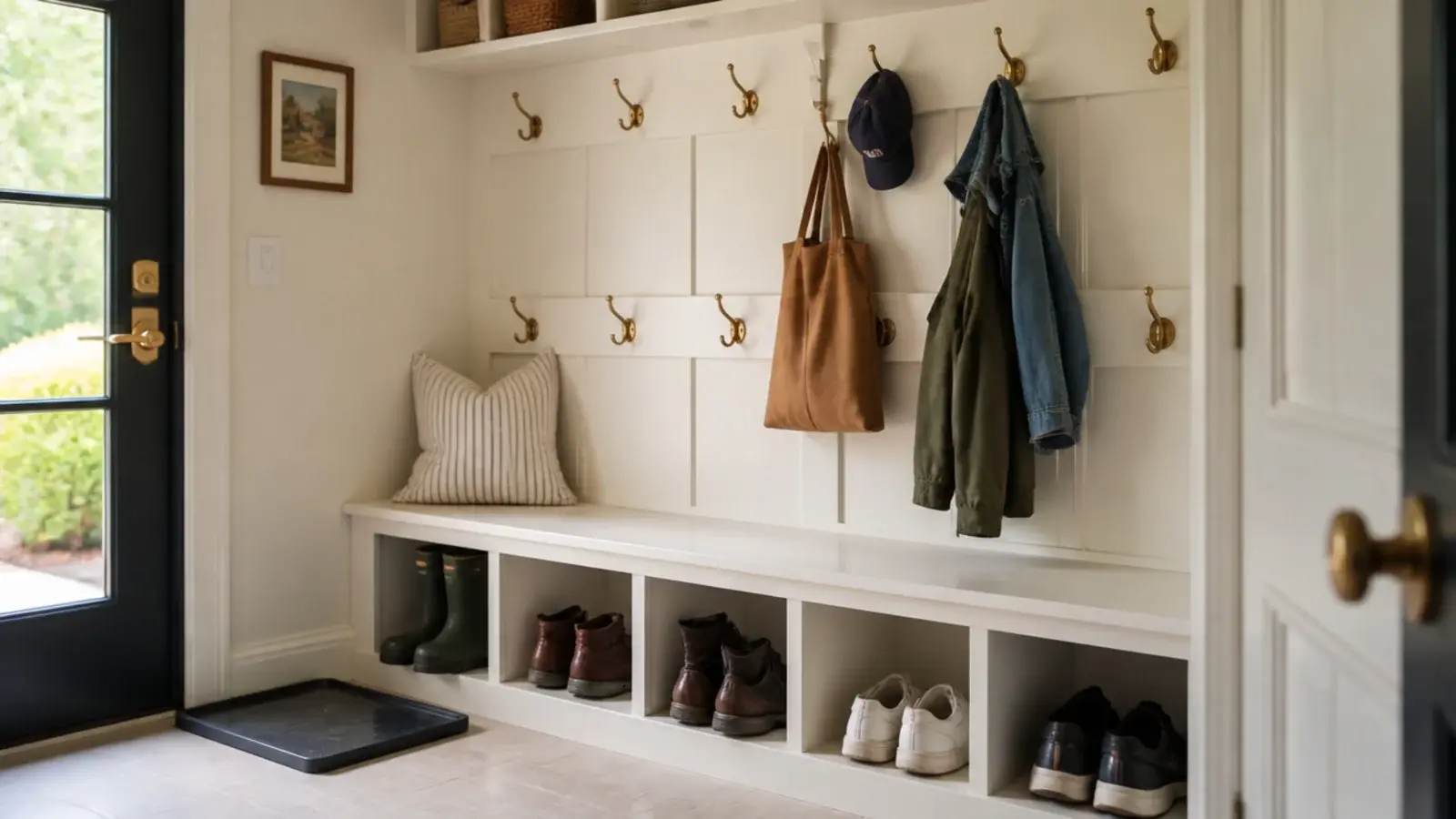 mudroom shoe storage bench with cubbies hooks and a slate drip tray