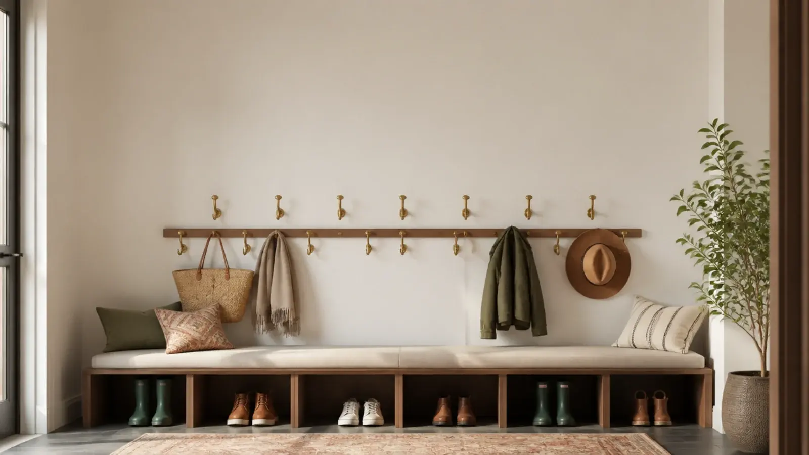 vertical mudroom shoe storage view with a bench cubbies hooks and boots