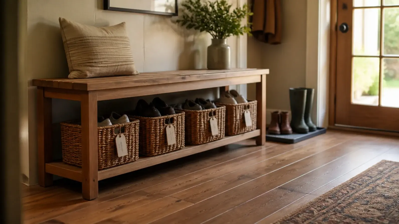 shoe storage before and after showing a cluttered entry made calm again