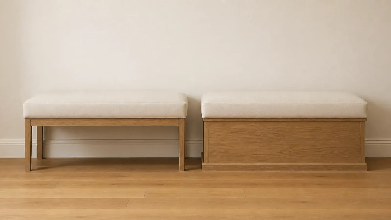 bench with visible legs beside a bench with trim run to the floor