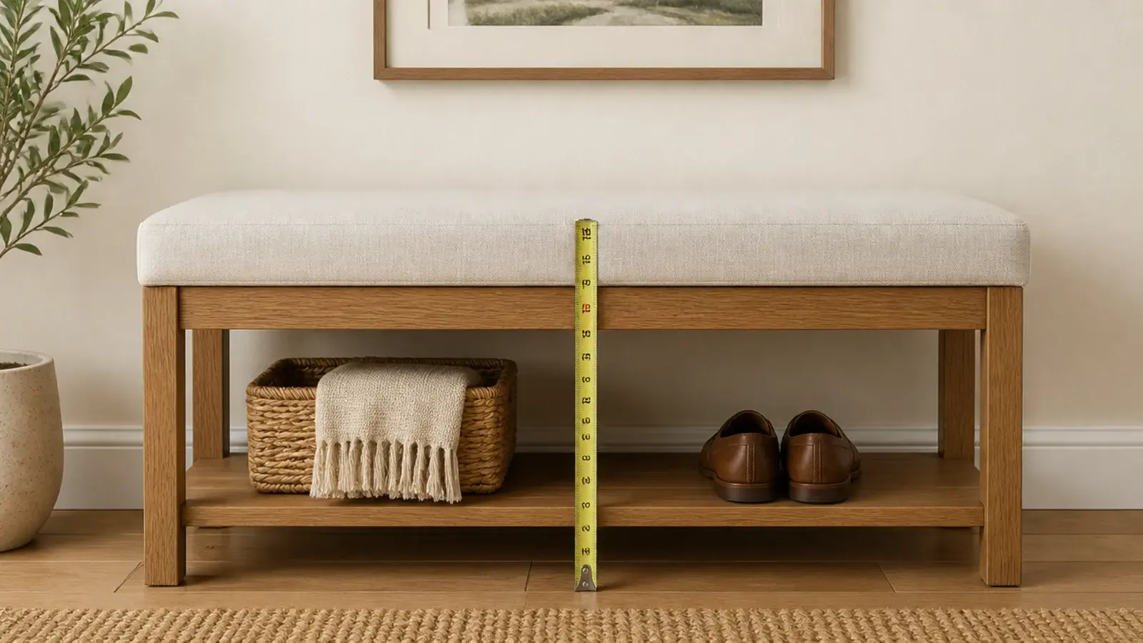 tape measure showing eighteen inch seat height on an entryway bench