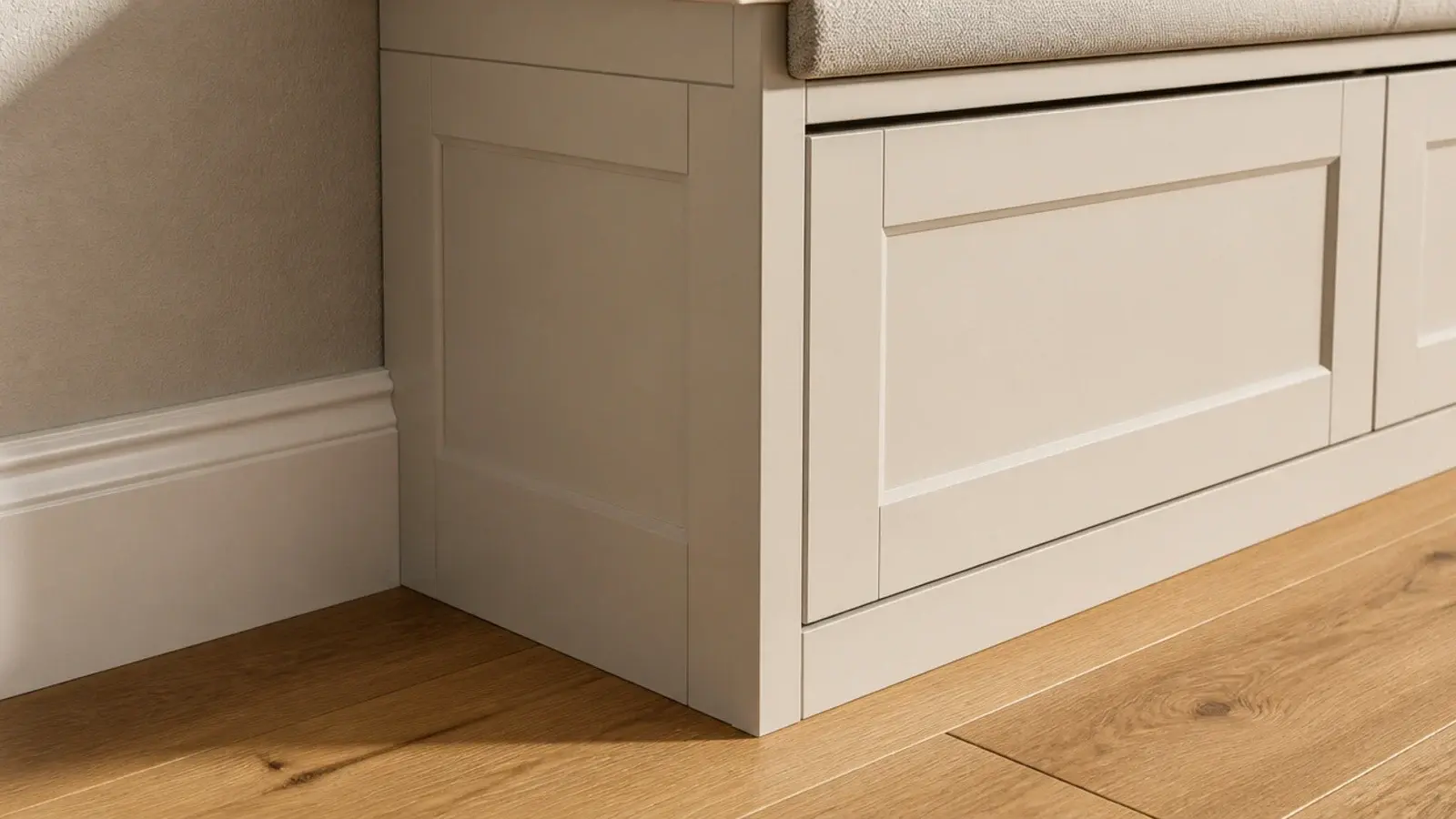 shoe bench with solid trim running down to meet the baseboard