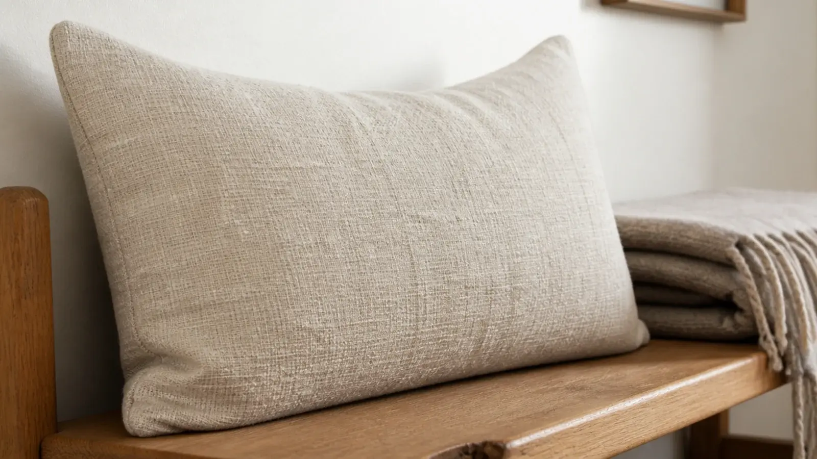 natural linen cushion with visible weave on a wooden bench seat