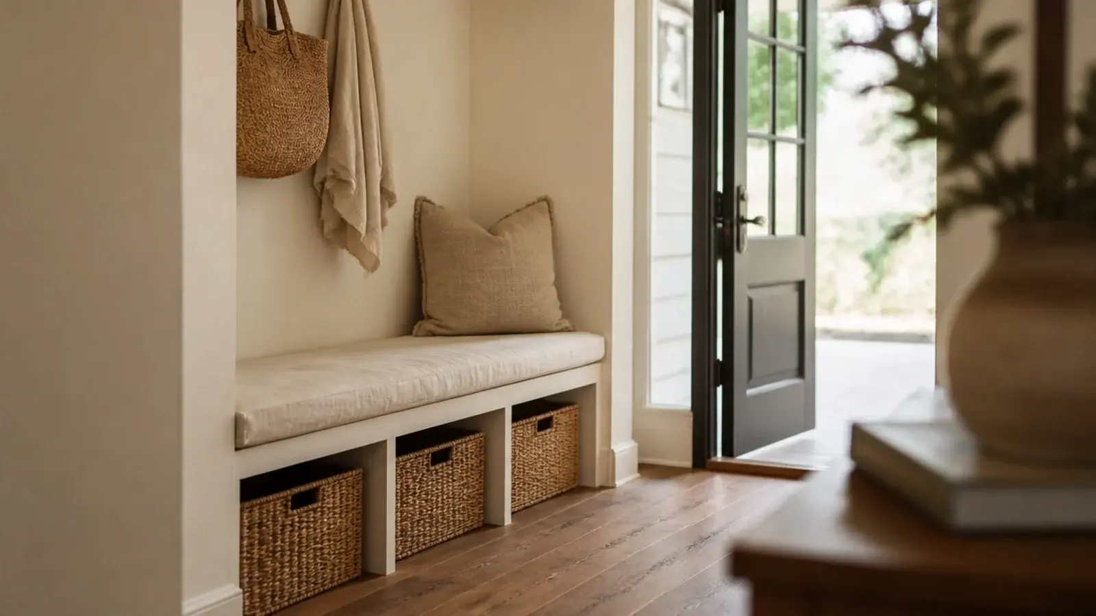 cream bench painted to match the wall blending into the entryway