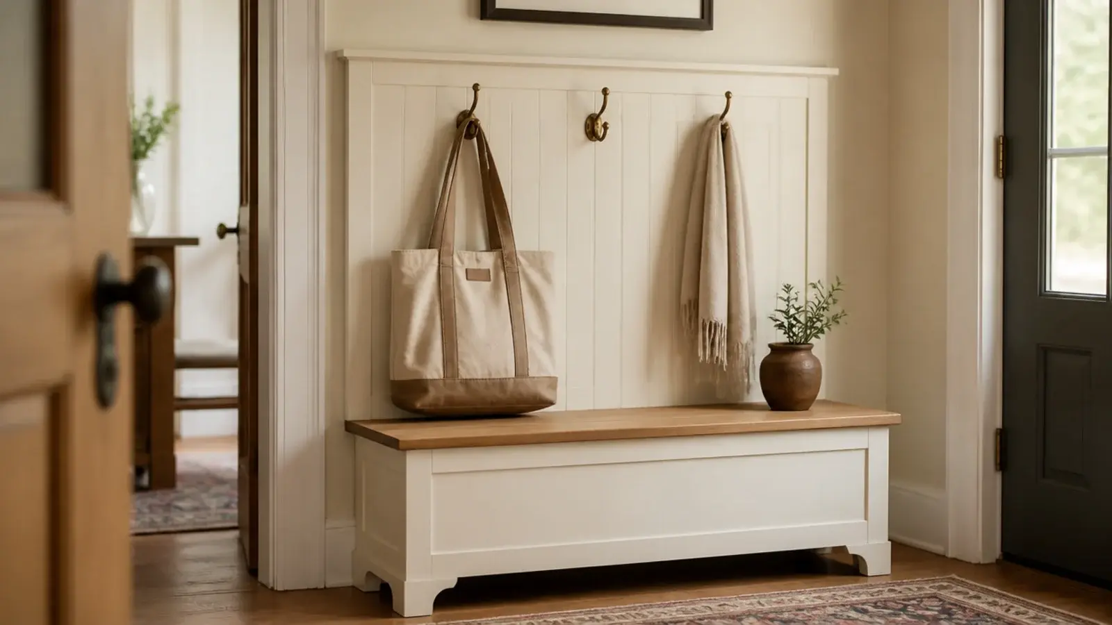 shoe bench with a panelled back and brass hooks fitted above the seat
