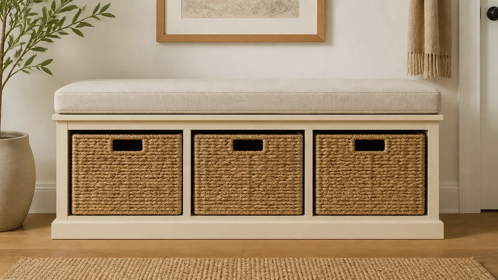 woven baskets fitted precisely into the cubbies of a shoe bench