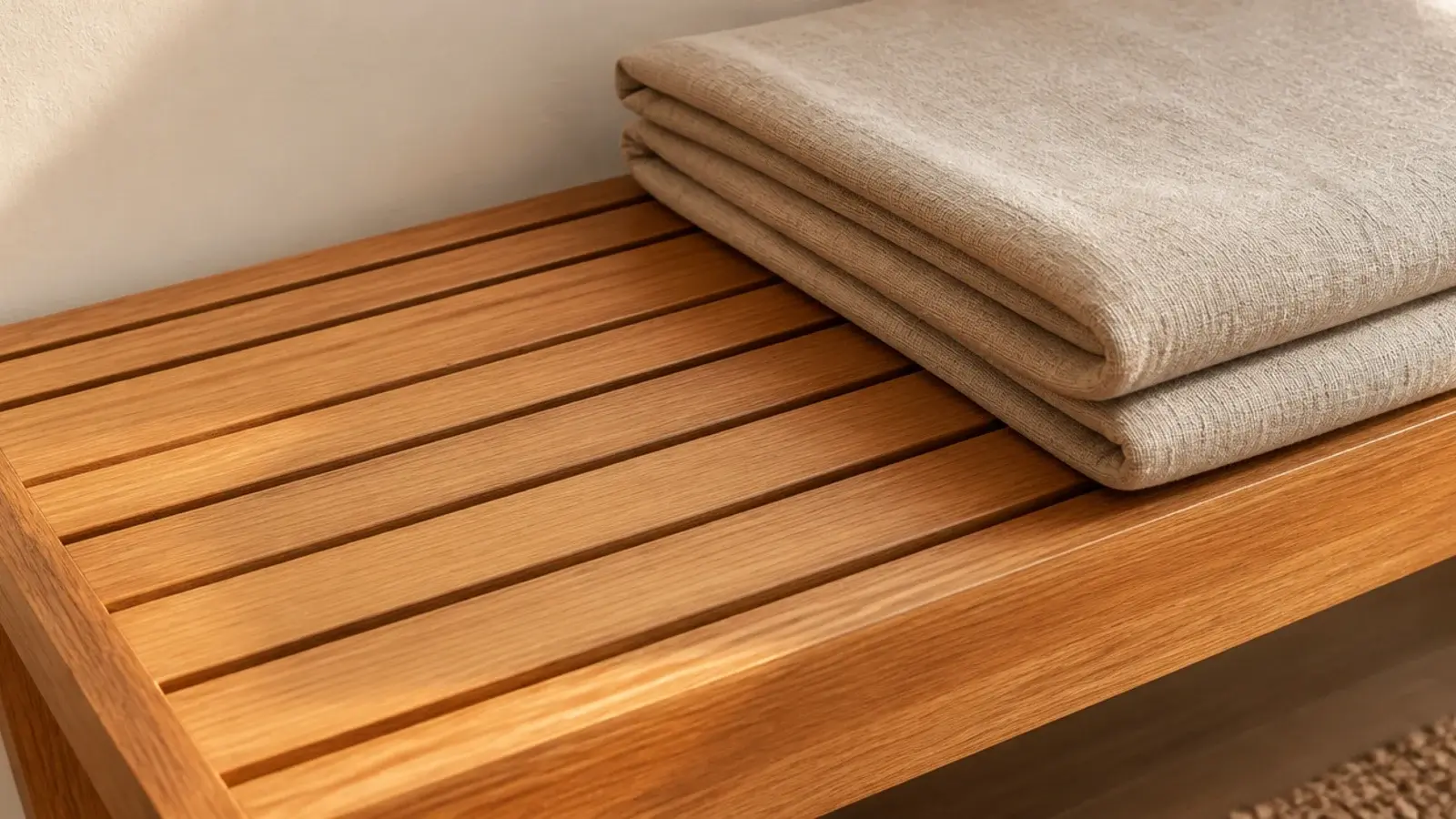 slatted wooden bench seat with even gaps between the boards