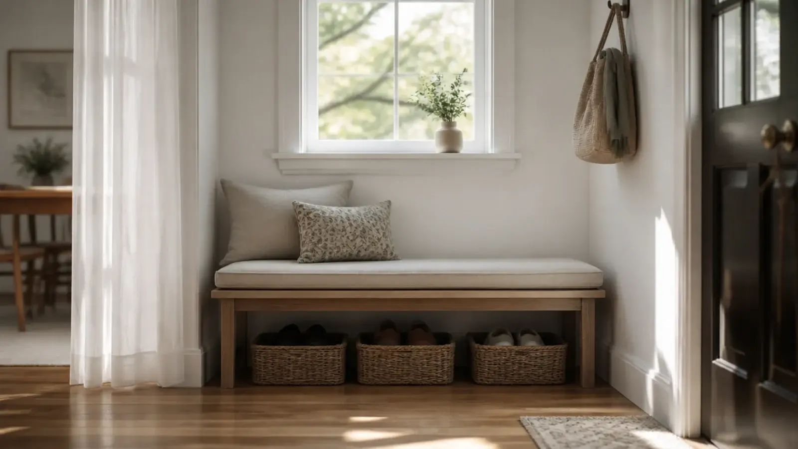 shoe storage bench positioned beneath a bright entryway window