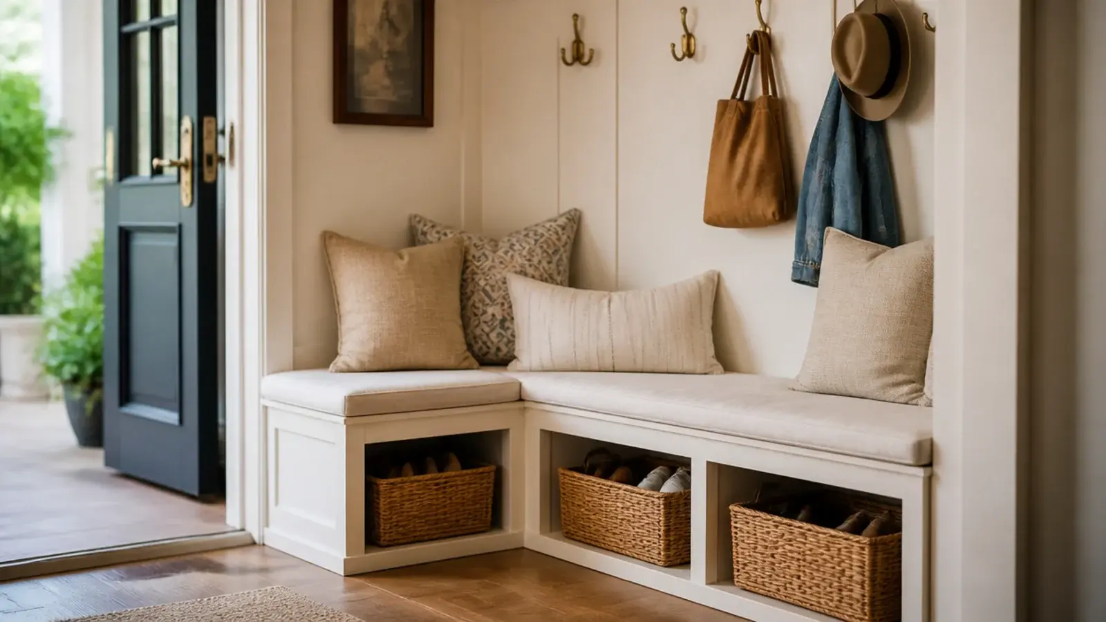 L shaped shoe storage bench wrapping an entryway corner