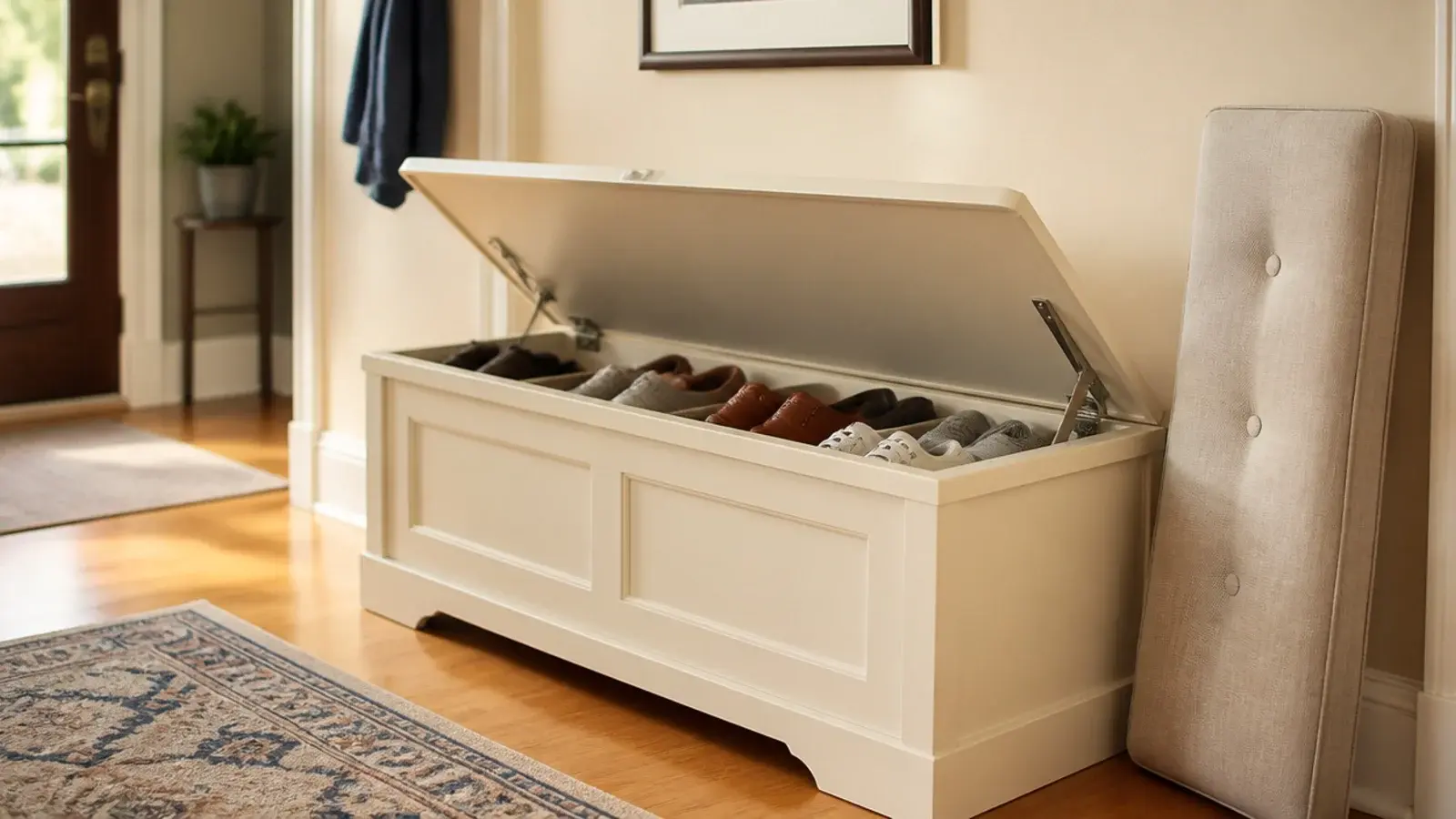 shoe bench with hinged seat lifted showing overflow shoes inside