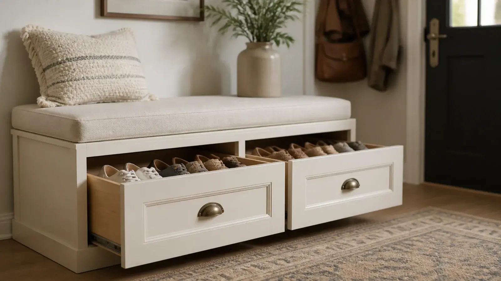entryway bench with two deep drawers open holding rows of shoes