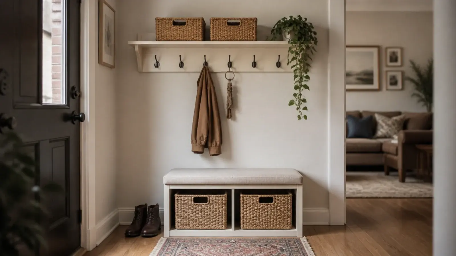 shelf mounted above an entryway bench holding baskets and a plant