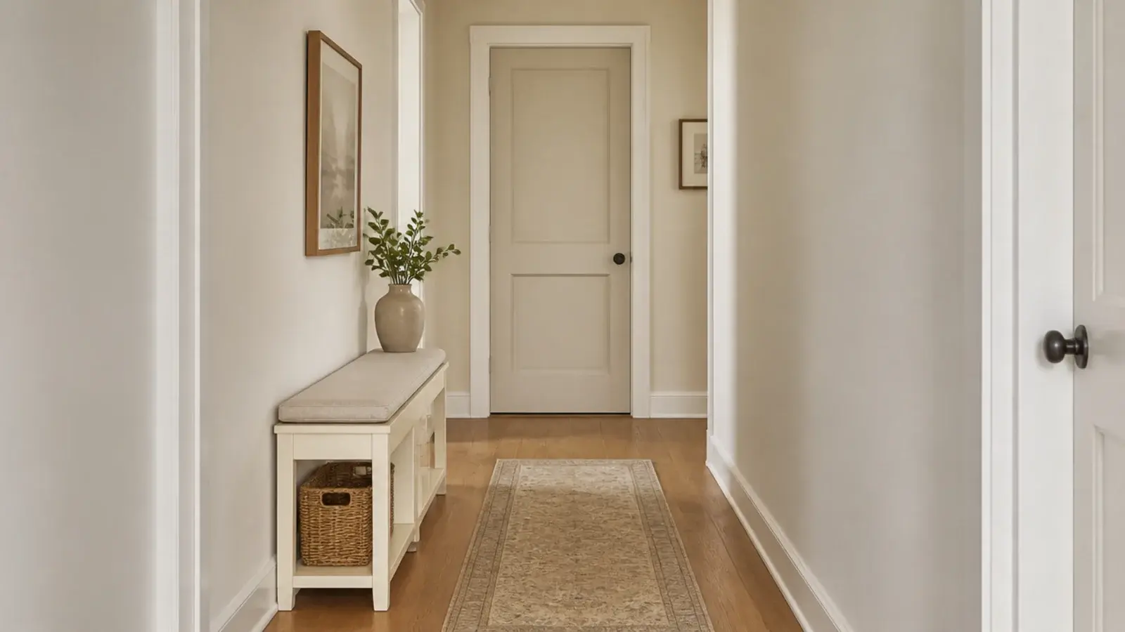 slim twelve inch deep bench against a narrow hallway wall