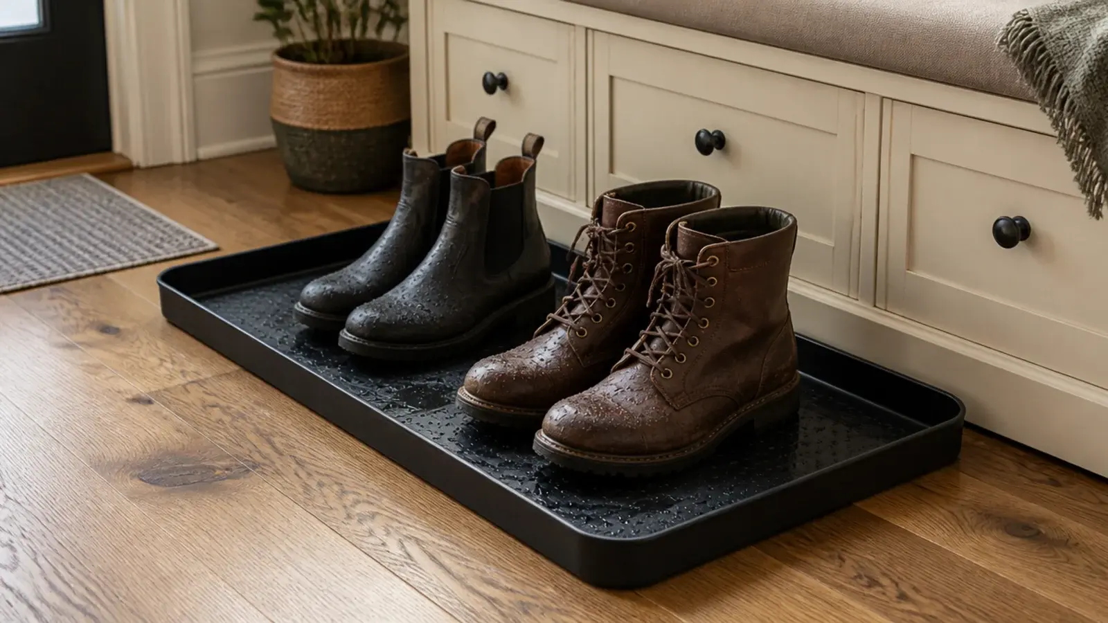 matte black boot tray on the floor beside a shoe storage bench