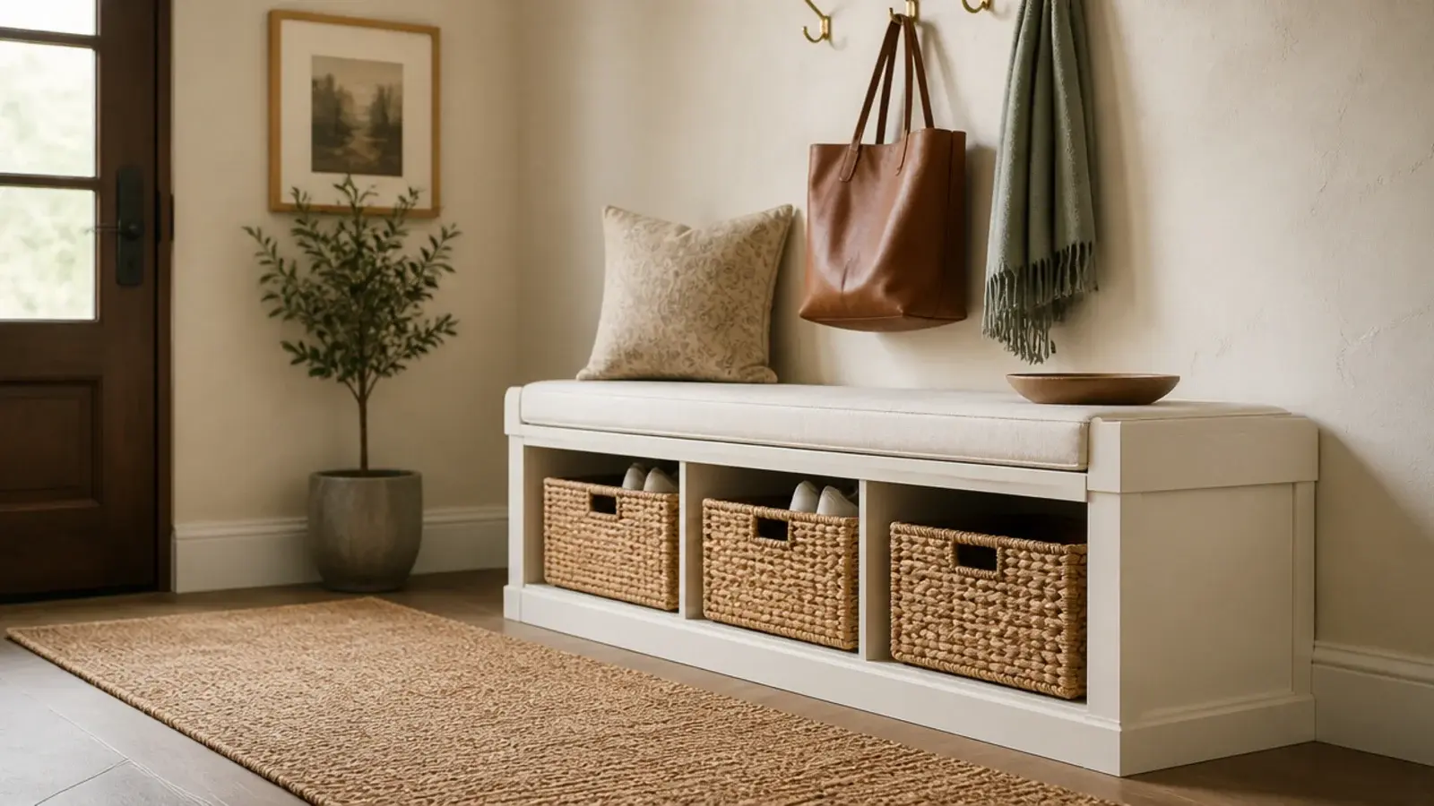 woven runner rug laid in front of an entryway shoe storage bench