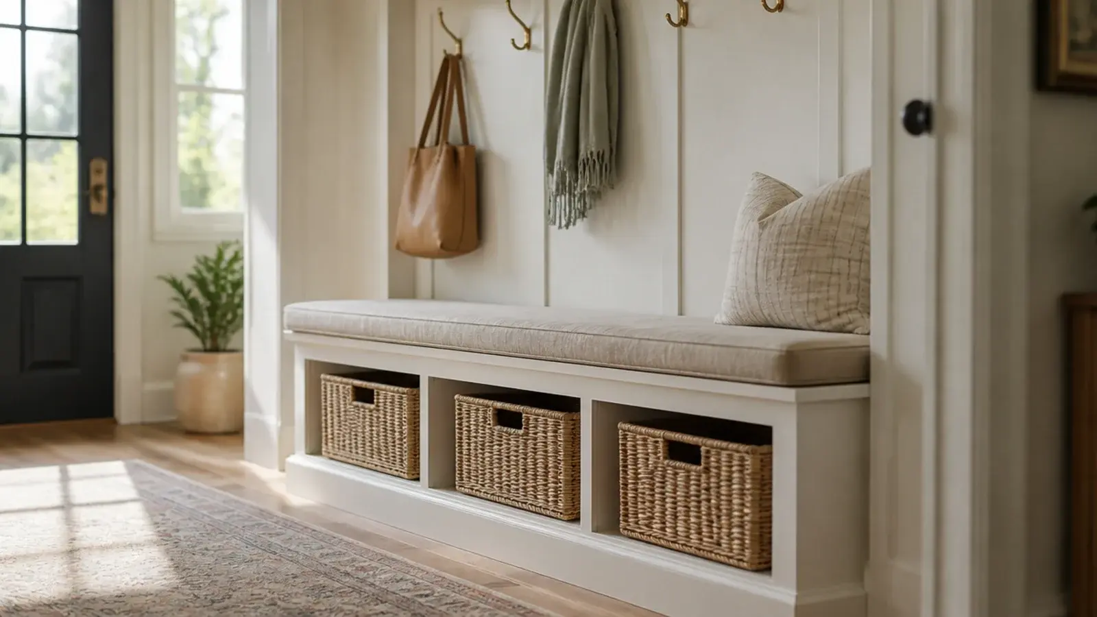 expensive looking shoe storage bench with linen cushion and woven baskets