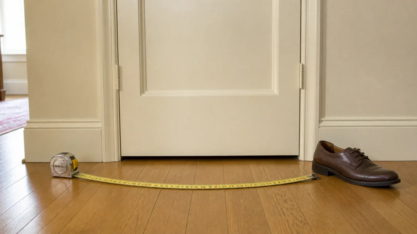 tape measure spanning the floor in front of a closed entry cabinet