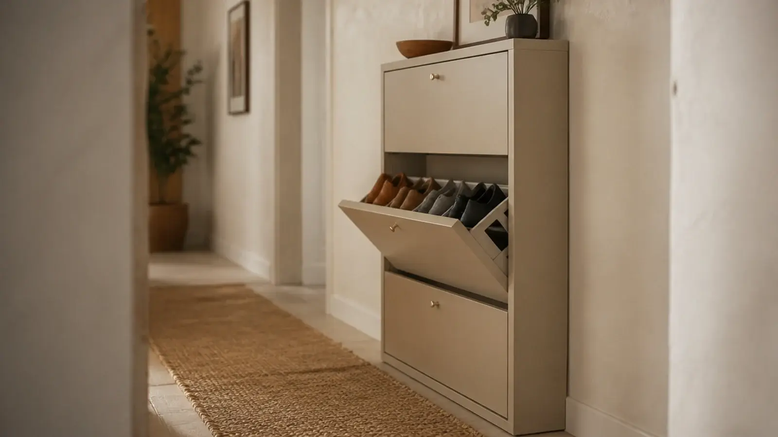 slim tilt out shoe cabinet in a narrow hallway with one drawer open