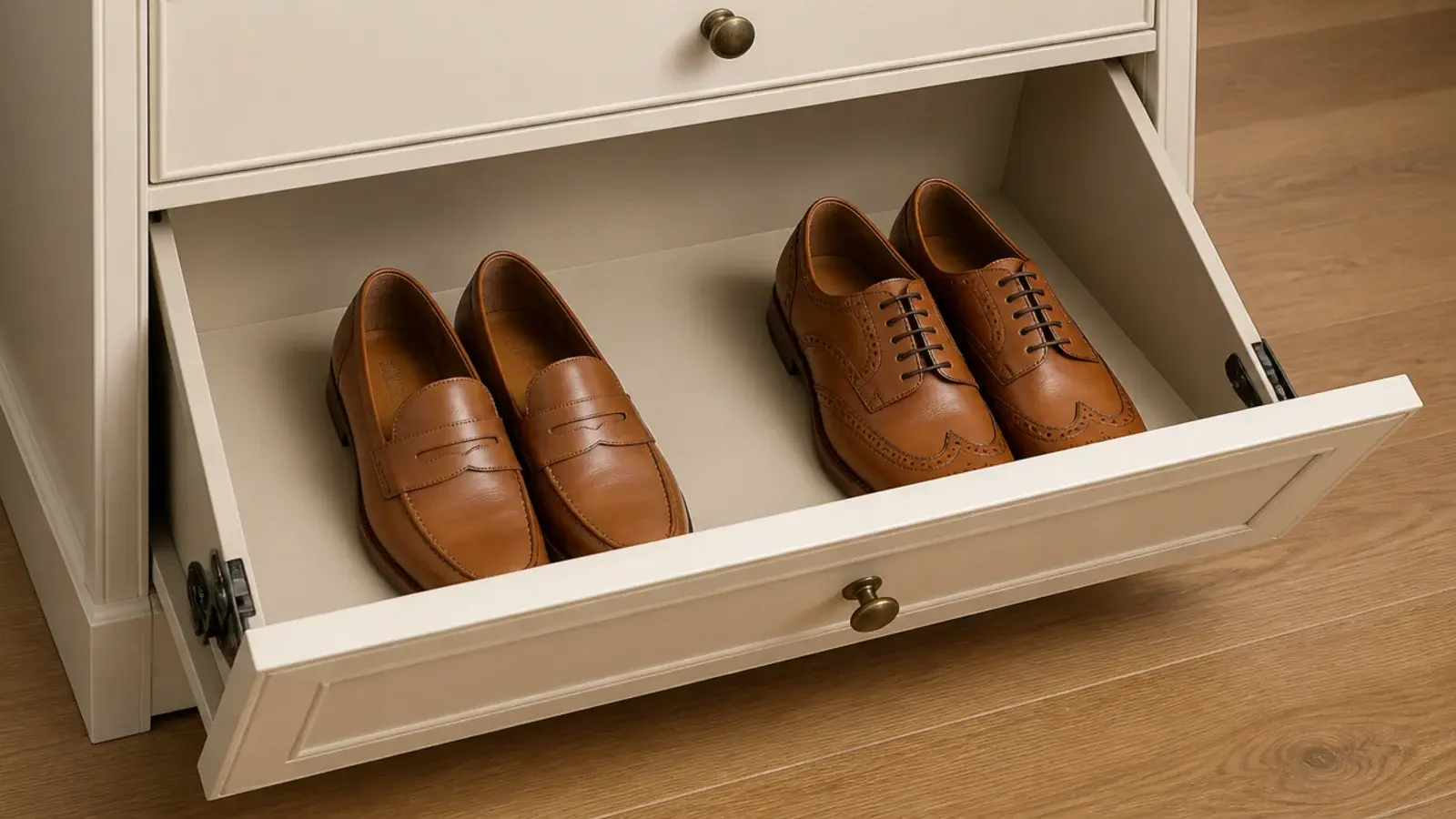 open tilt out drawer holding exactly two pairs of leather shoes