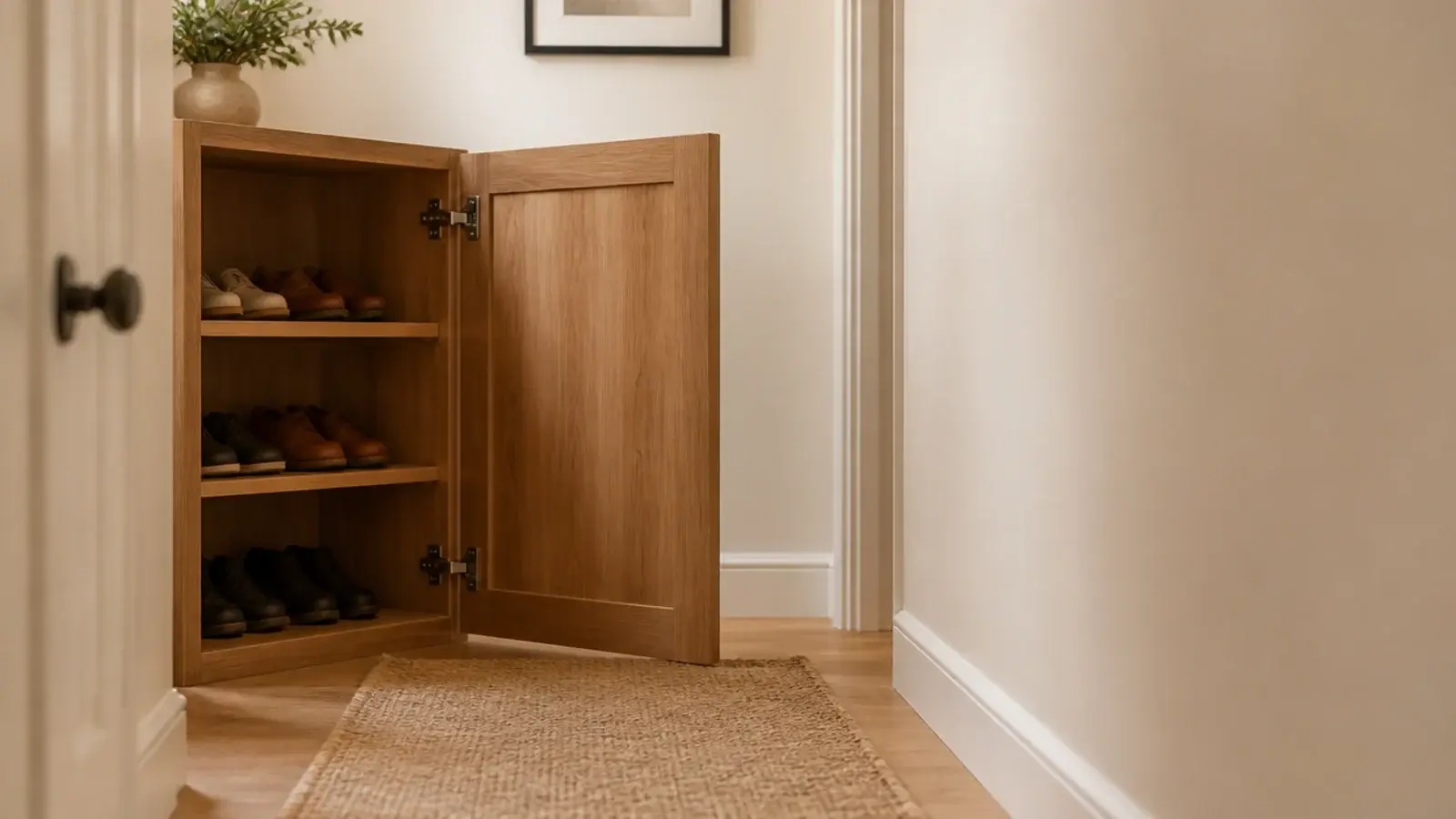 hinged shoe cabinet door open across a hallway showing shelved pairs