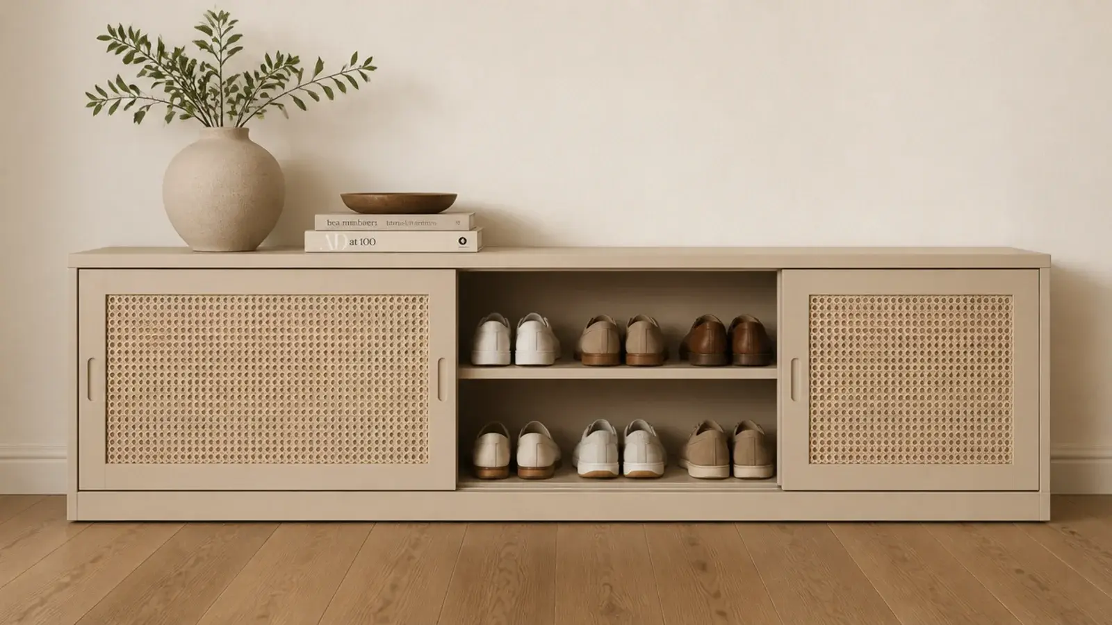 sliding front shoe cabinet with one panel pushed aside showing shelves