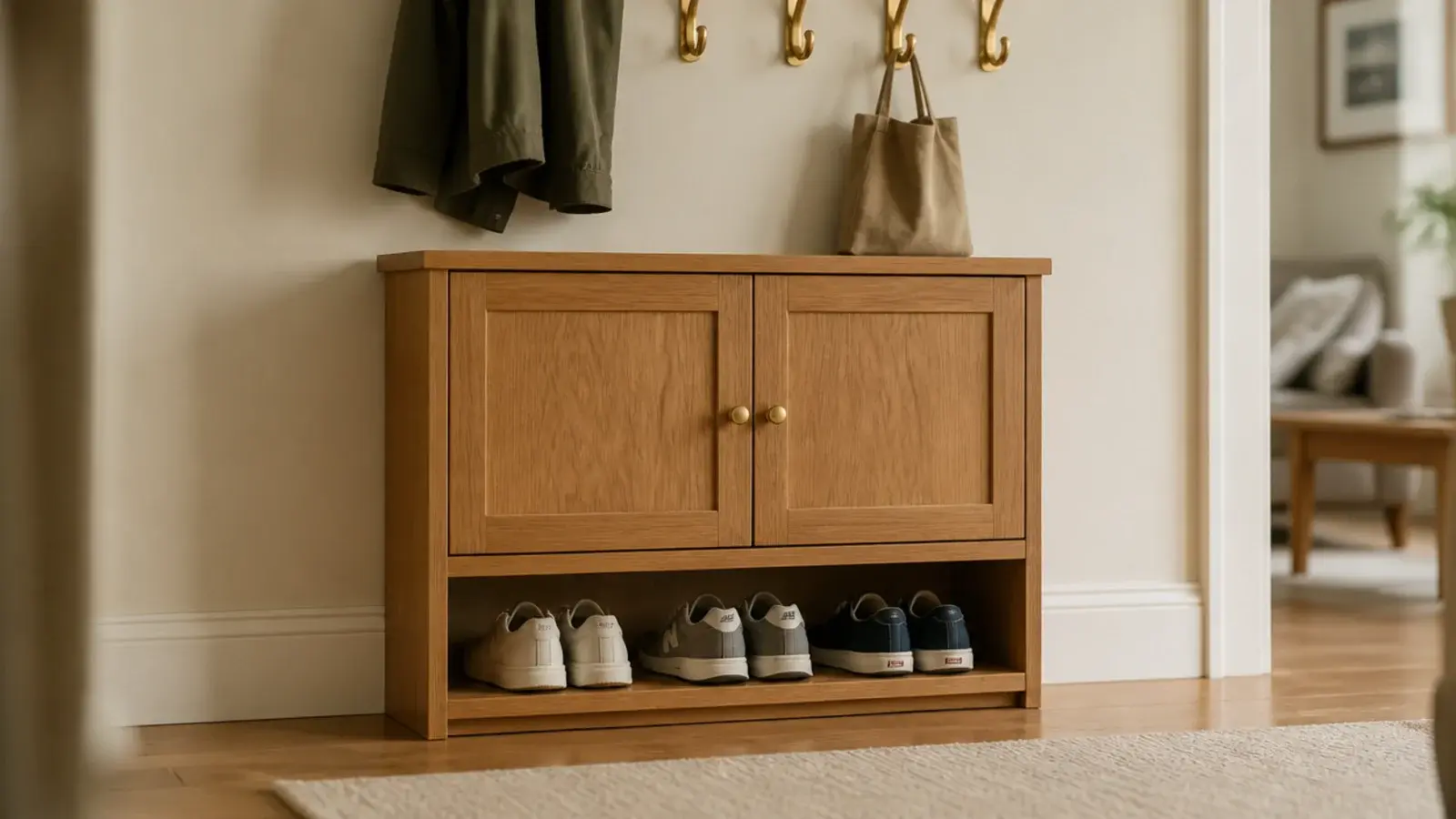 shoe cabinet with a closed upper section and open lower shelf bay