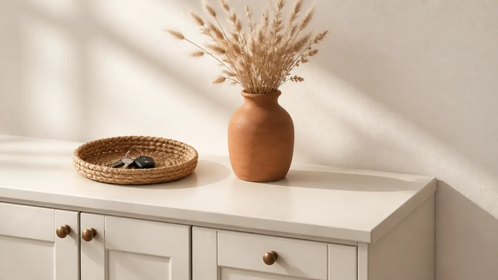 shoe cabinet top styled with one woven tray and a small clay vase