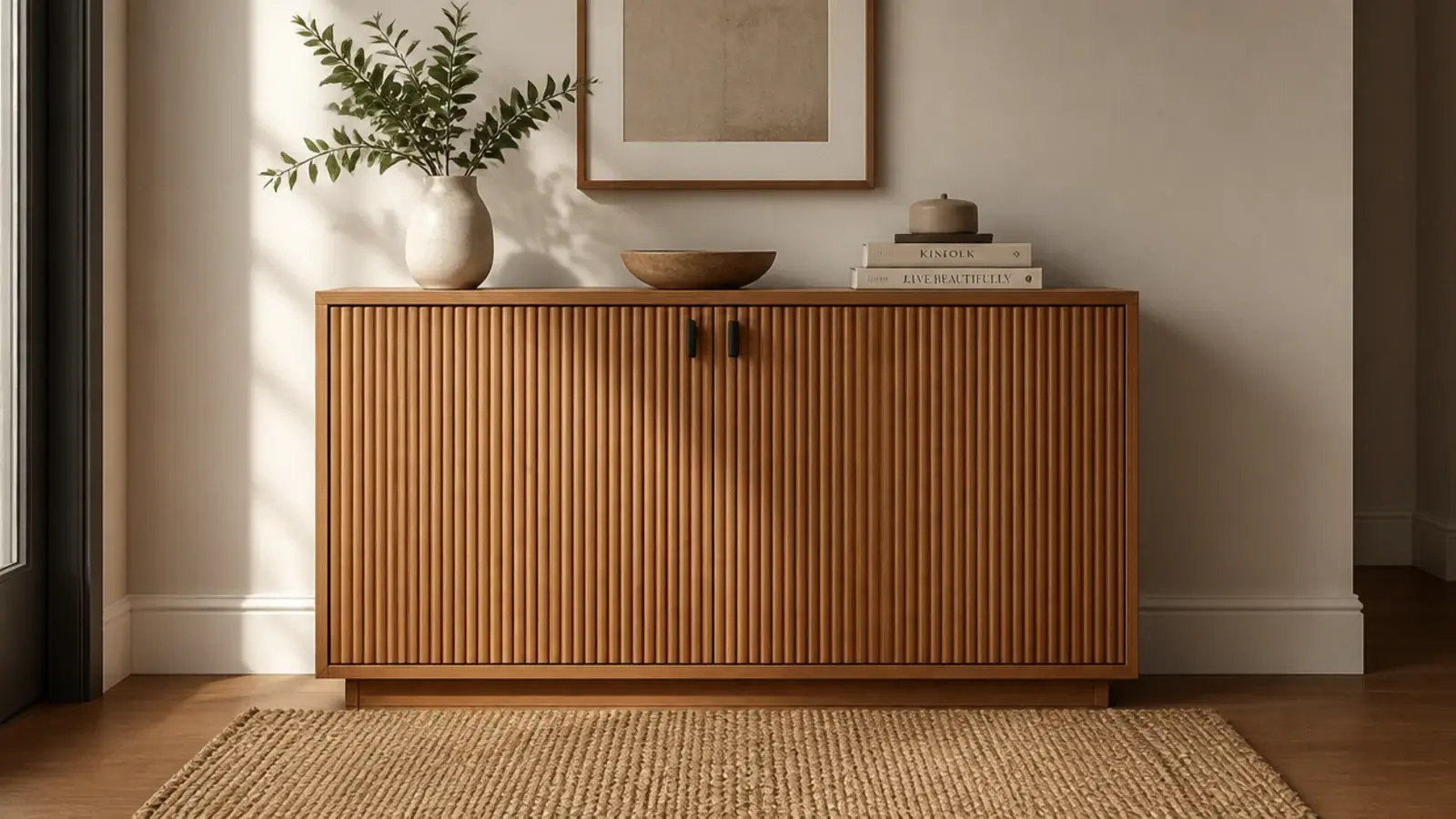 fluted wooden shoe cabinet front catching side light in an entry