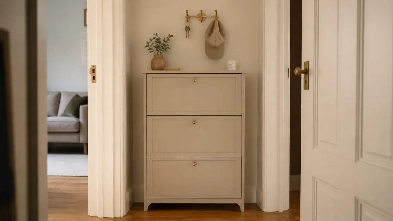 shoe cabinet fitted exactly between two doorframes in a hallway