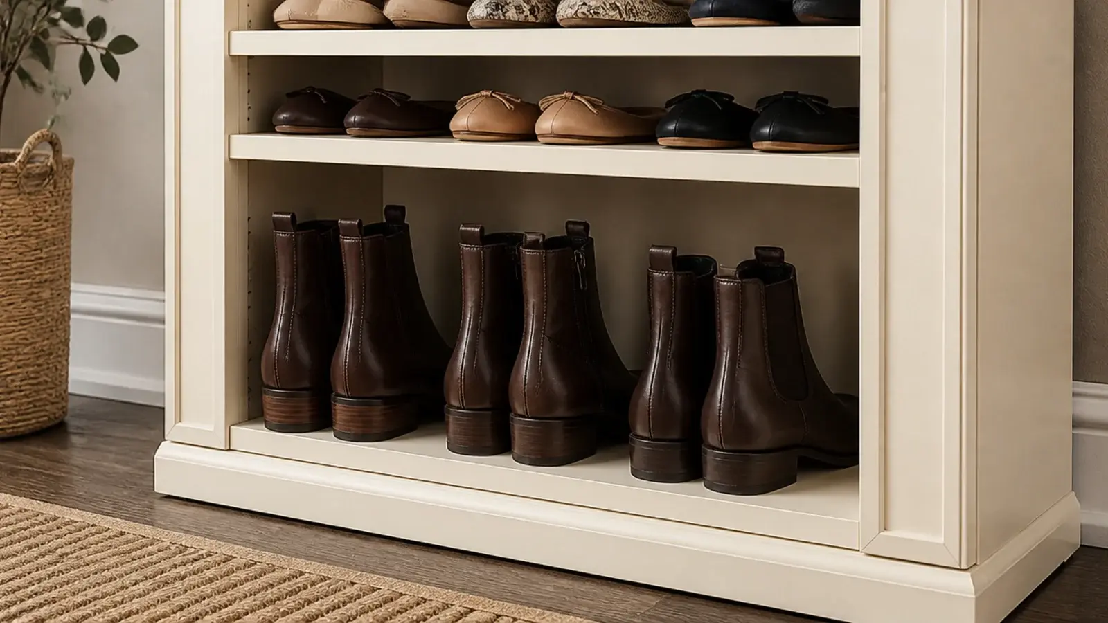 cabinet boot bay holding upright leather ankle boots on a low shelf