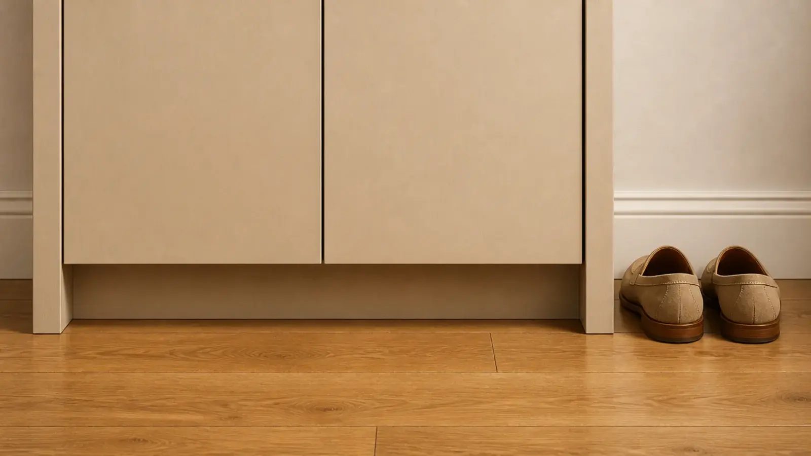 shoe cabinet base with a recessed toe kick above the oak floor