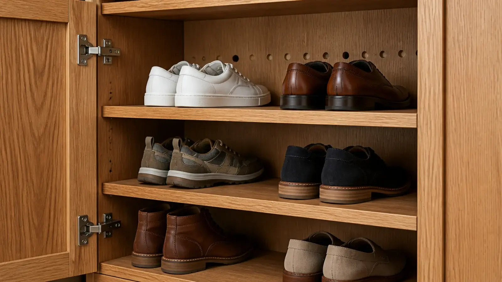shoe cabinet interior showing drilled back holes and gapped shelf edges