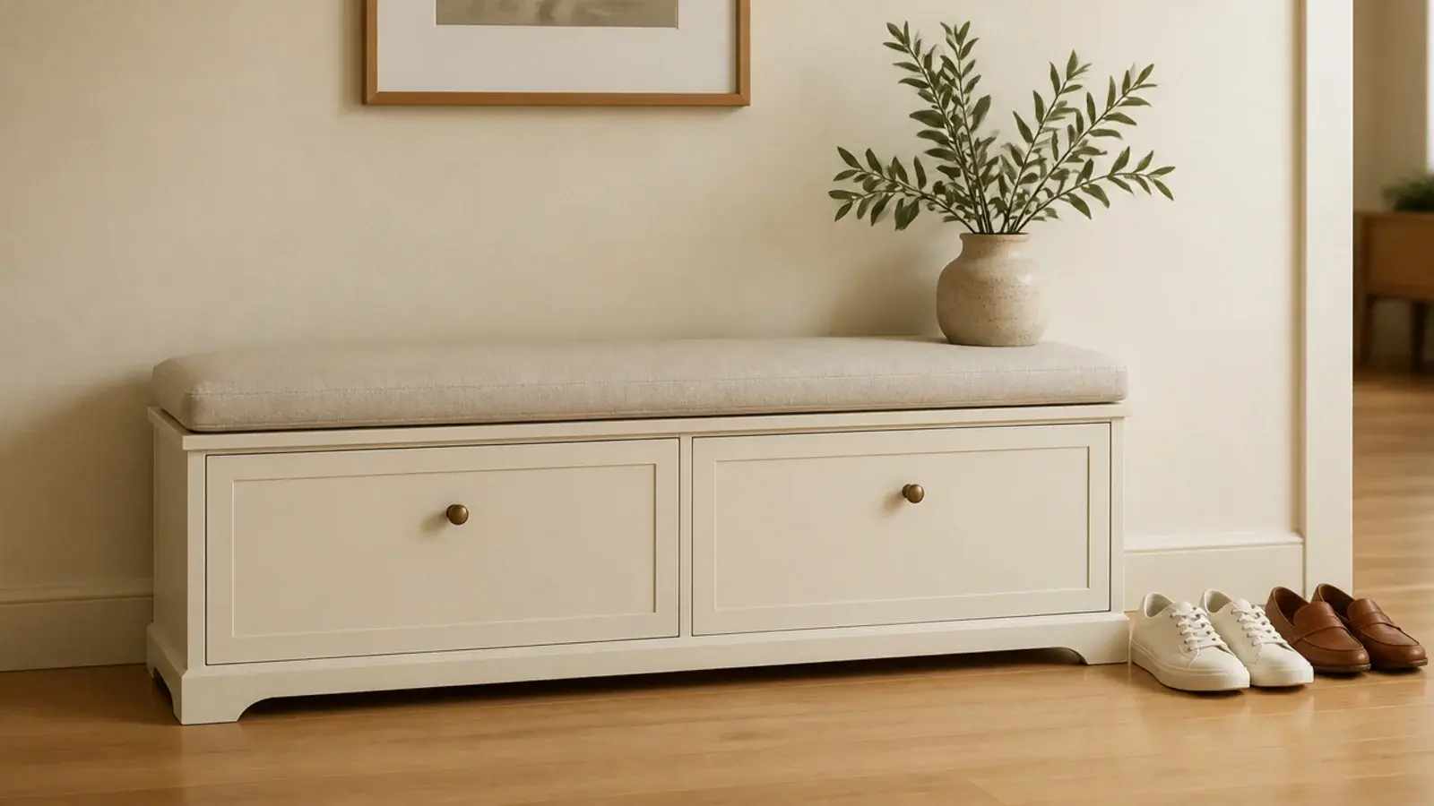 low shoe cabinet with a linen cushion on top used as a bench