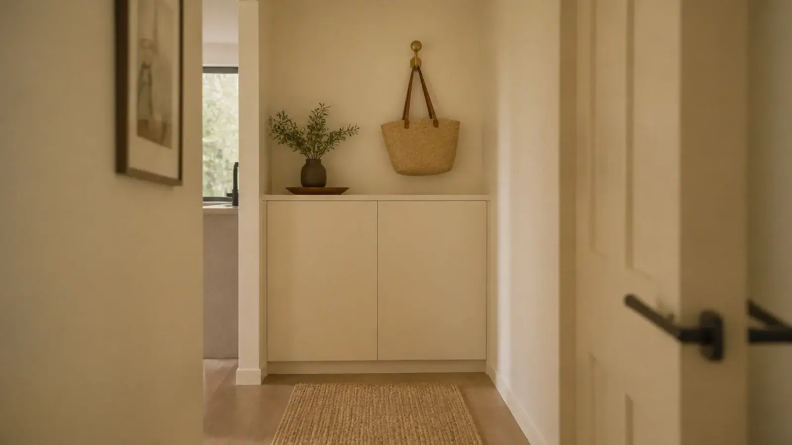 shoe cabinet painted the same cream as the entryway wall behind it