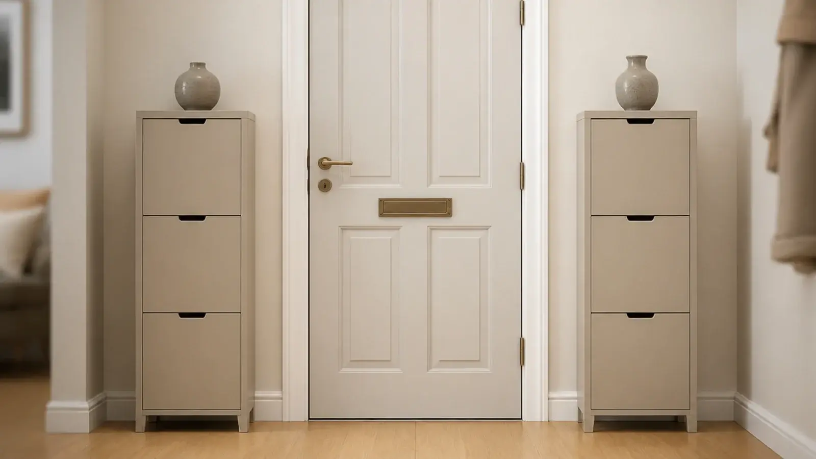 matching slim shoe cabinets standing either side of an entry door