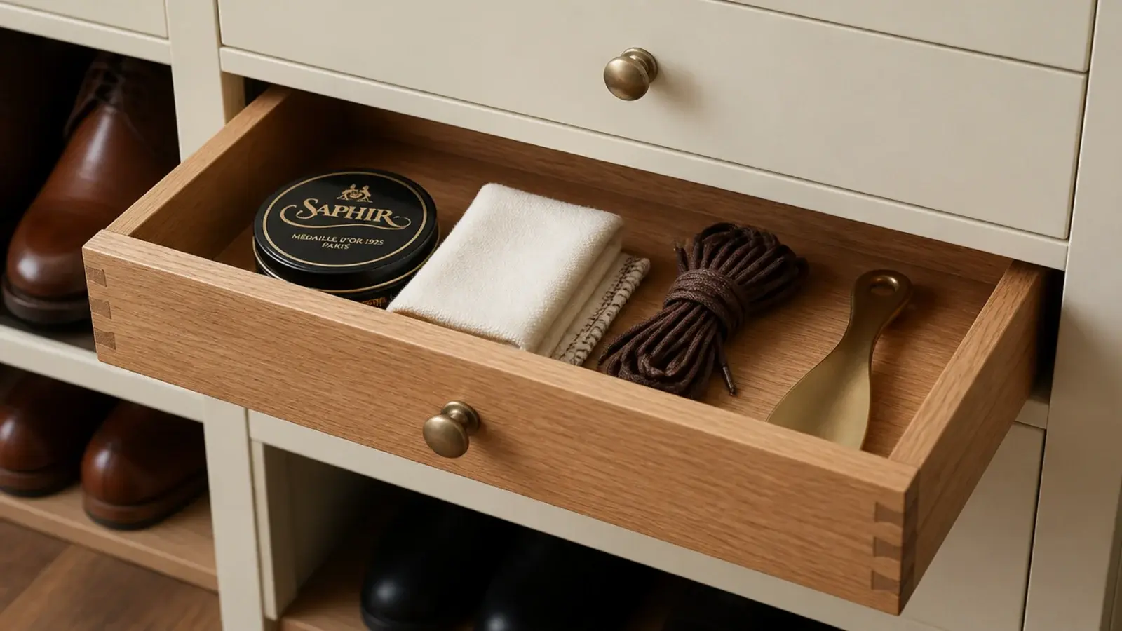 shallow open drawer in a shoe cabinet holding polish cloths and laces