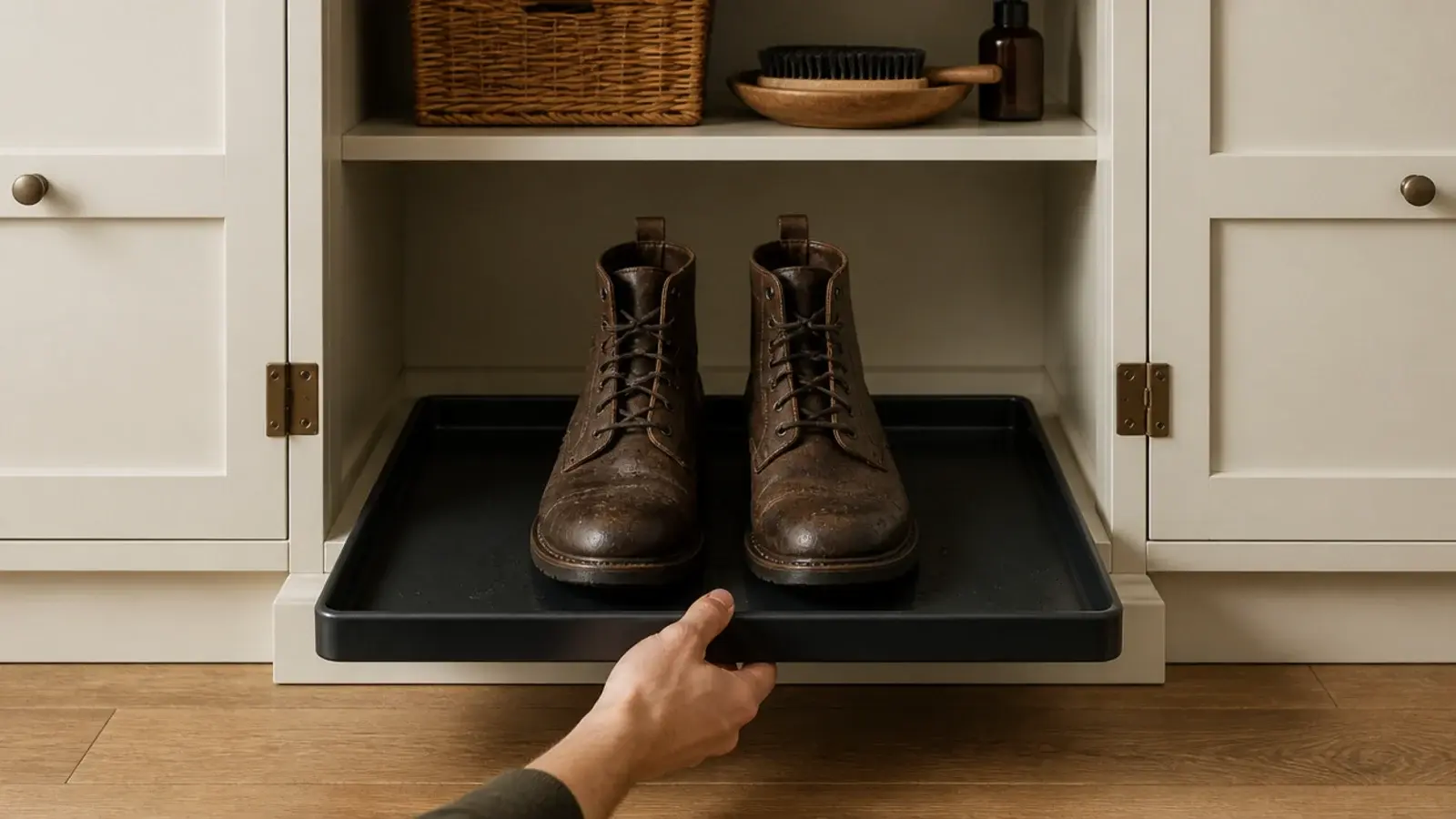 removable metal tray lifted from the base of a shoe storage cabinet
