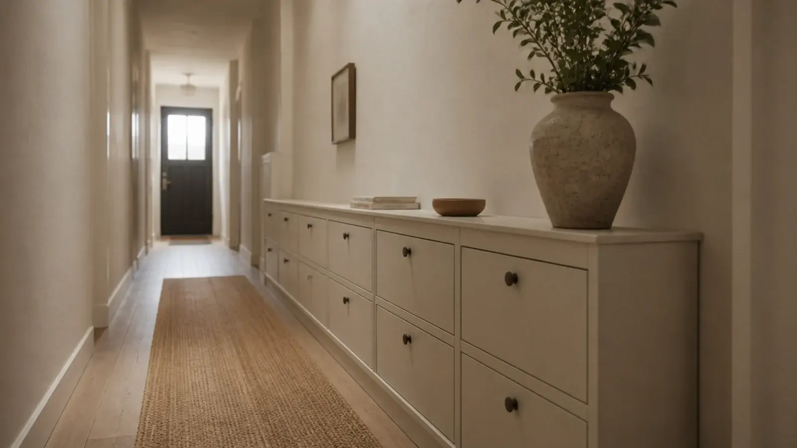 narrow hallway with a shallow shoe cabinet keeping the walkway clear