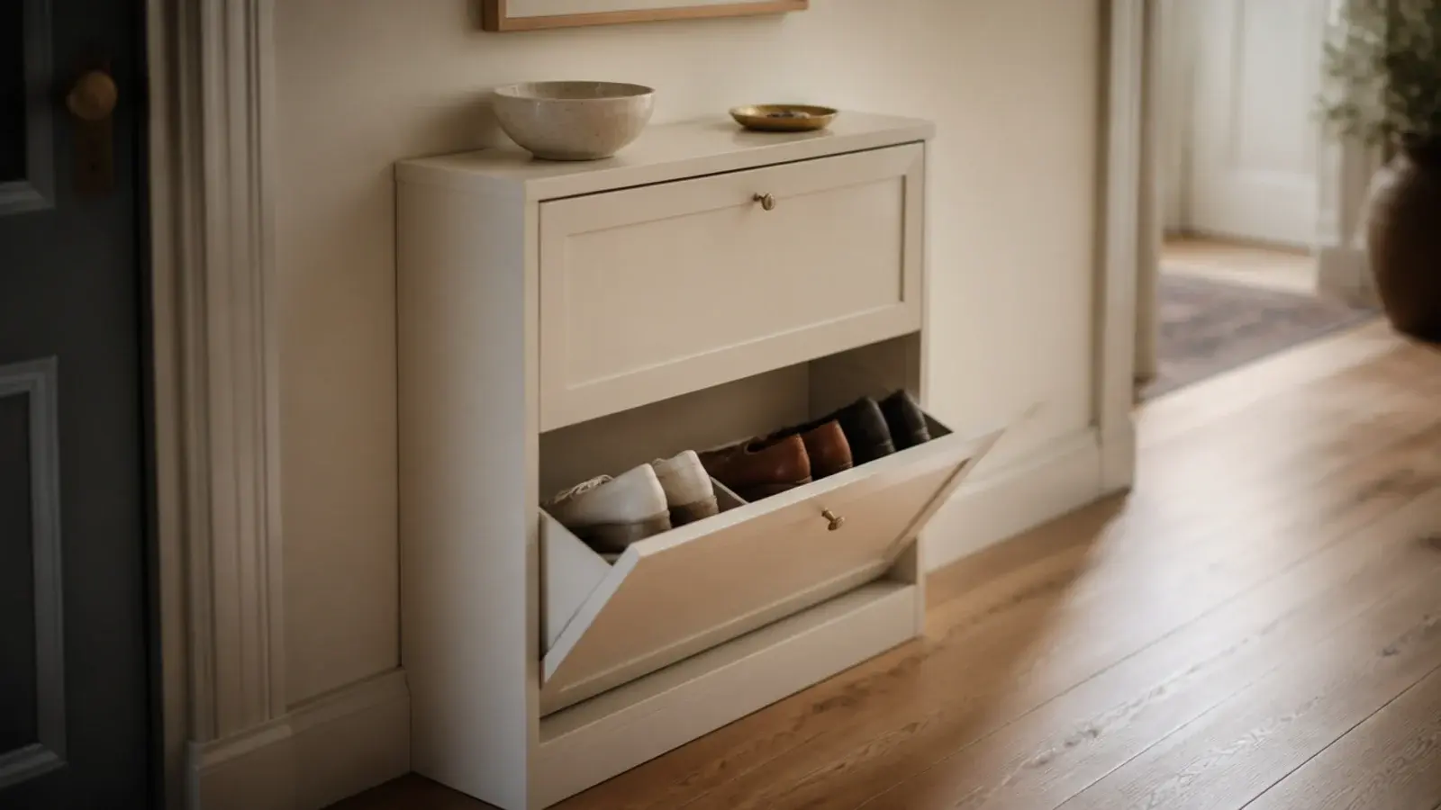 cream shoe storage cabinet with a tilt out drawer open showing angled pairs