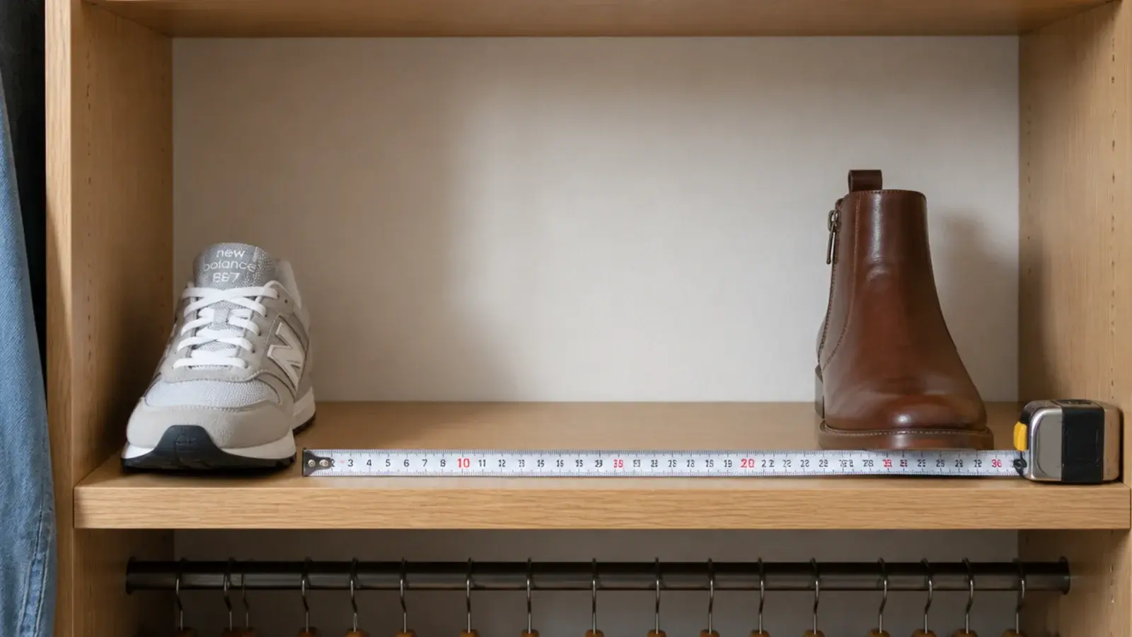 tape measure held against a closet shelf beside two shoes and a boot