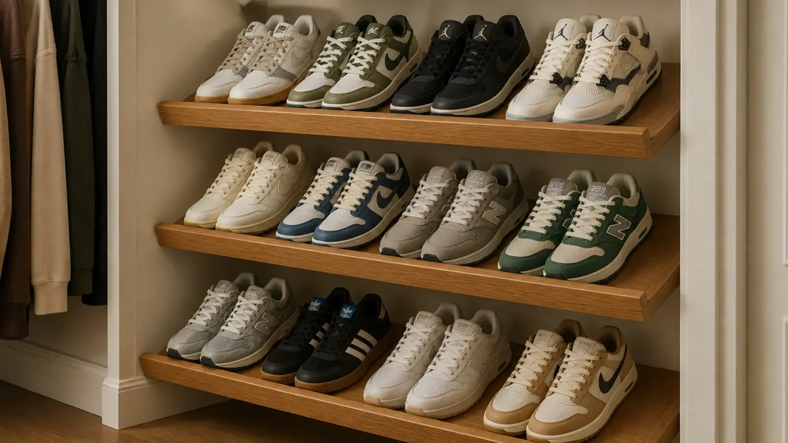 angled closet shelves holding sneakers tilted forward against a cream wall
