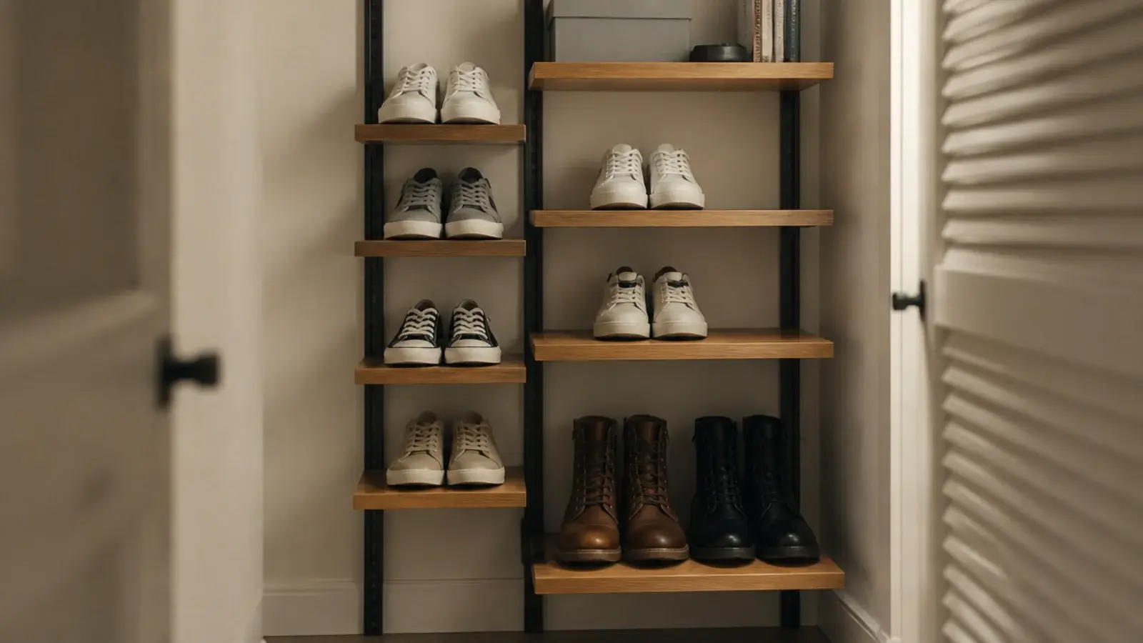 adjustable track shelving inside a closet holding shoes at varied heights